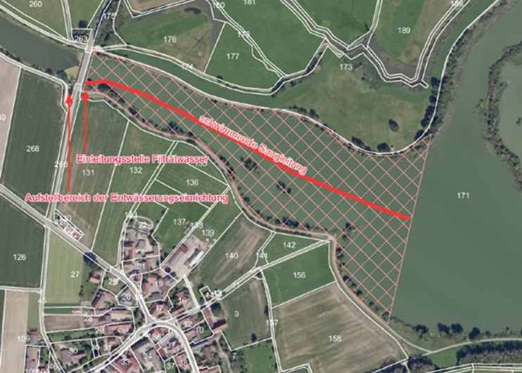 Abbildung: Lageplan des Wehrhauses Streudorf mit angrenzender befestigter Fläche und Wirkungsbereich des Saugbaggers. Abbildung: Lageplan des Wehrhauses Streudorf mit angrenzender befestigter Fläche und Wirkungsbereich des Saugbaggers.