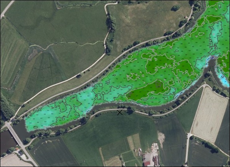 Abbildung: Sedimentstärken im Bereich des Wehr Streudorf (gemäß Echolotmessung 2023). Abbildung: Sedimentstärken im Bereich des Wehr Streudorf (gemäß Echolotmessung 2023).